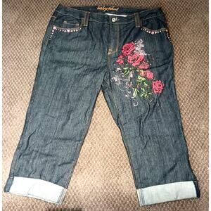Baby Phat Cropped Cuffed Jeans Floral Roses Rhinestones Y2K Womens 16